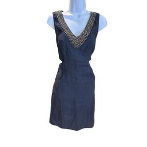 LINA TOMEI Black Linen Sleeveless Beaded Embellished Cotton Dress Women's XS